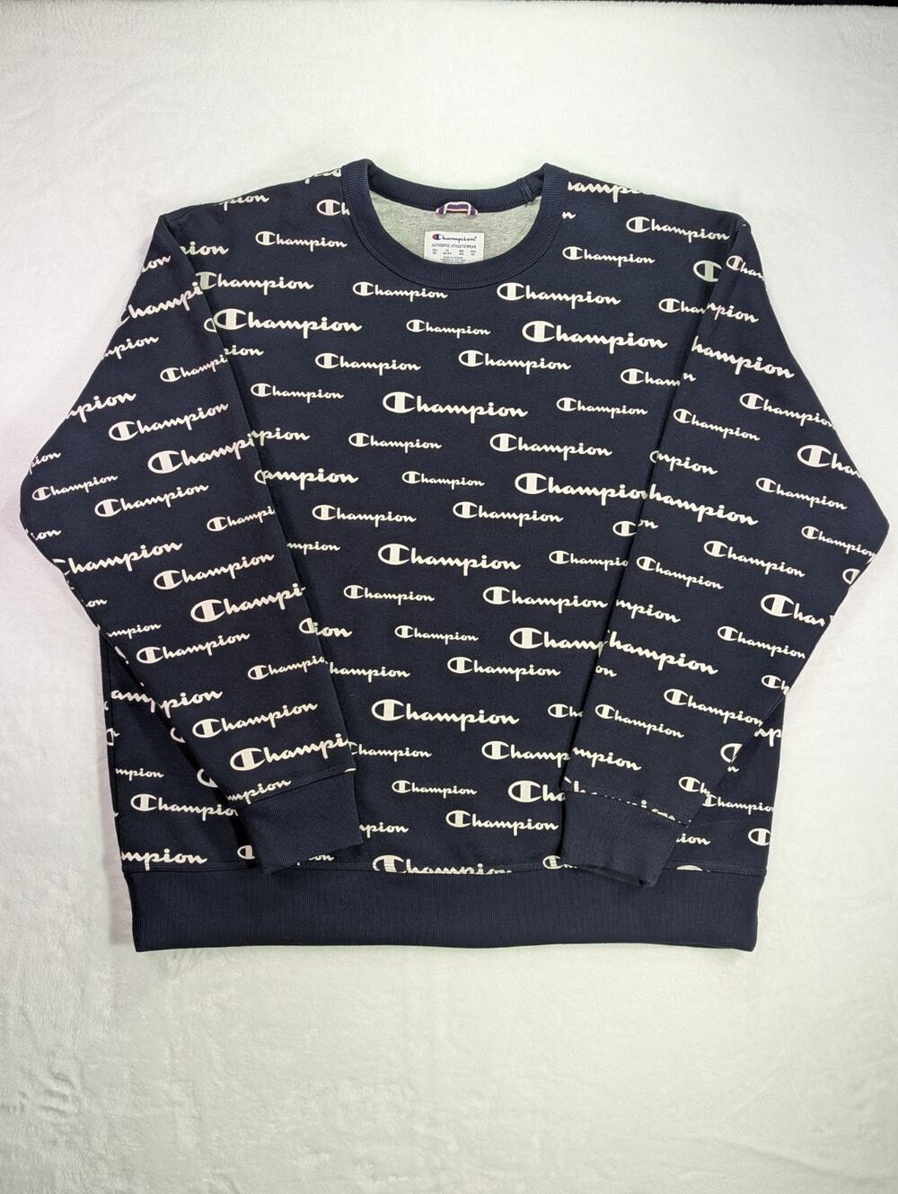Champion All Over Print Script Logo Navy Blue Crewneck Sweatshirt 2XL